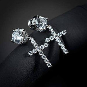 Mens Cross Drop Hanging Sterling Silver Cz Iced Stud Dangle Hoop Earrings